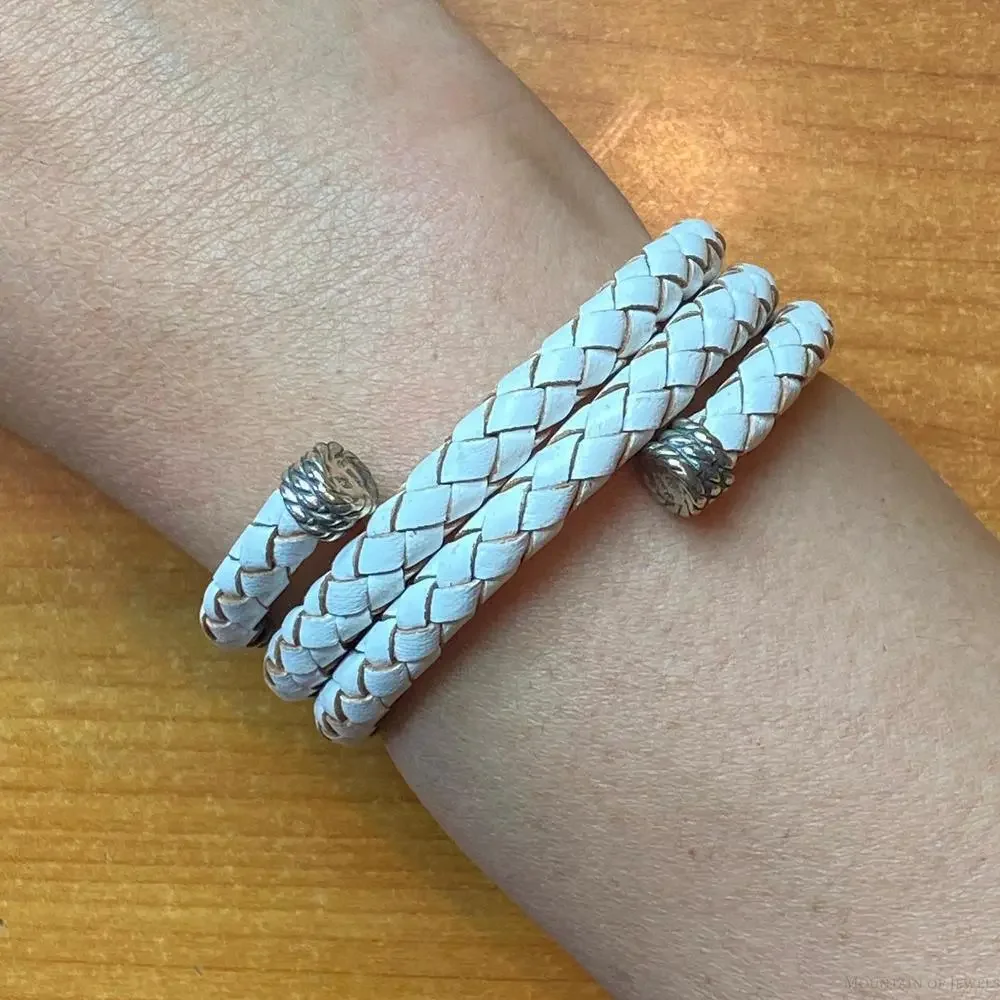 Carolyn Pollack Sterling Silver White Braided Leather Unisex Coil Wrap Bracelet